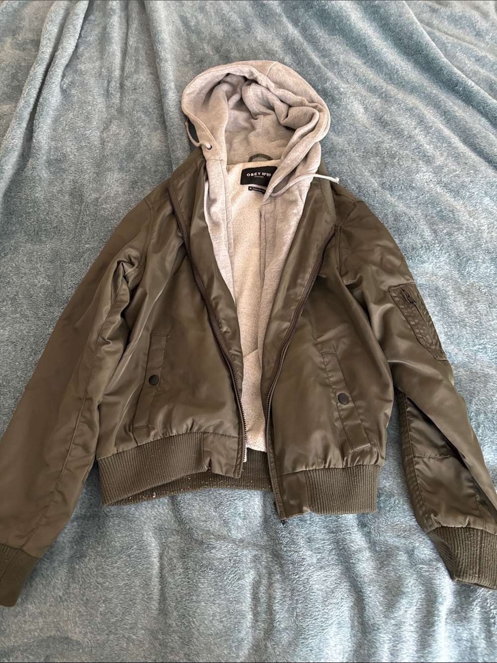 Obey Olive Green Bomber Jacket with Gray Hooded Liner